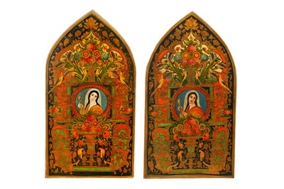 Lot 81 - A PAIR OF LARGE QAJAR-REVIVAL OIL PAINTINGS WITH FEMALE PORTRAITS AND FLORAL TRIUMPHS