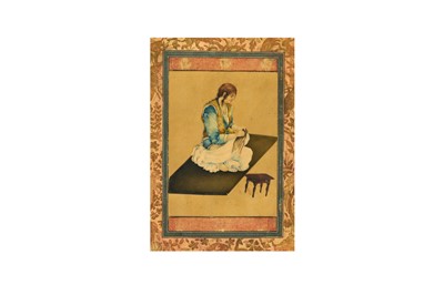 Lot 47 - A LOOSE MURAQQA' ALBUM PAGE WITH A MAIDEN SEWING HER SKIRT