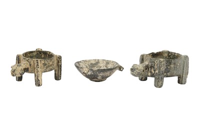 Lot 2 - TWO CARVED STEATITE INCENSE BURNERS WITH ANIMAL HEADS AND A BOWL