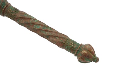 Lot 3 - A MEDIEVAL BRONZE MACE WITH ANIMAL FINIALS AND KUFIC CALLIGRAPHY