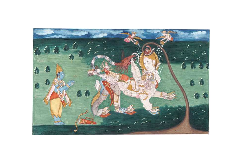 Lot 137 - LORD RAMA IN OBEISANCE TO A COMPOSITE MYTHICAL CREATURE WITH SHIVA'S HEAD