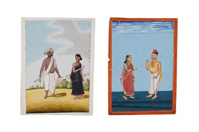Lot 216 - TWO SOUTH INDIAN COMPANY SCHOOL PAINTINGS OF PAIRS OF LOCAL VILLAGERS AND TRADESPEOPLE