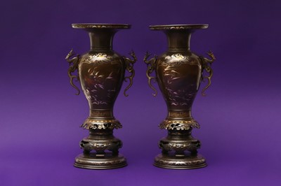 Lot 1012 - A PAIR OF JAPANESE INLAID BRONZE VASES