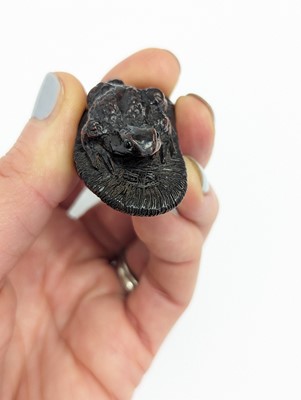 Lot 1021 - A JAPANESE WOOD NETSUKE OF A TOAD ON A SLIPPER