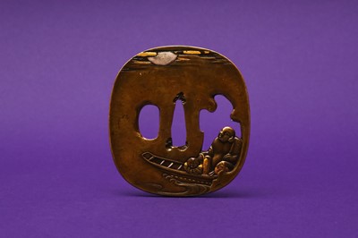 Lot 1019 - A JAPANESE BRONZE 'HOTEI' SWORD GUARD, TSUBA BY HAMANO SHOZUI (1696 – 1769)