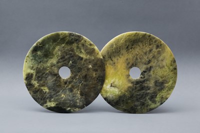 Lot 506 - TWO CHINESE ARCHAIC GREEN JADE DISCS, BI