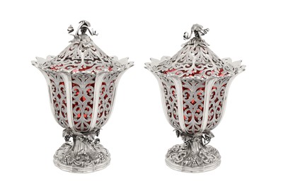 Lot 374 - A pair of Victorian sterling silver sugar or preserve vases, Birmingham 1847 by Robinson, Edkins and Aston