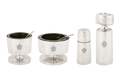 Lot 270 - An Elizabeth II modernist sterling silver four-piece condiment set, London 1965/66 by Gerald Benney (1930-2008)