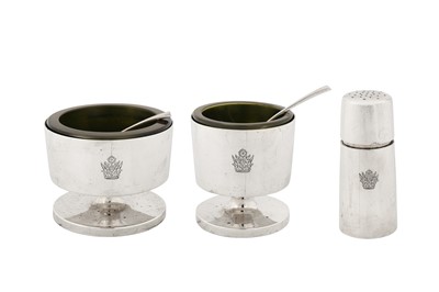 Lot 269 - An Elizabeth II modernist sterling silver three-piece condiment set, London 1965/66 by Gerald Benney (1930-2008)