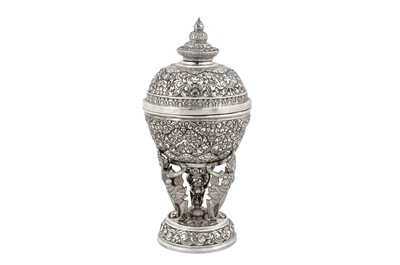 Lot 127 - A mid-20th century Cambodian unmarked silver covered bowl on stand (Tok), circa 1940-60
