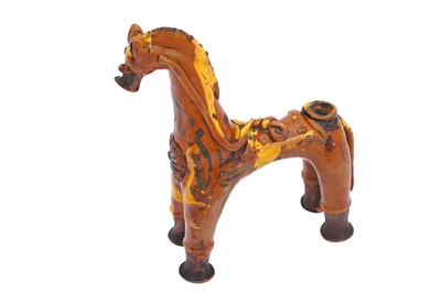Lot 412 - A RARE YELLOW AND SILVER-SPLASHED HORSE-SHAPED CHANAKKALE POTTERY AQUAMANILE