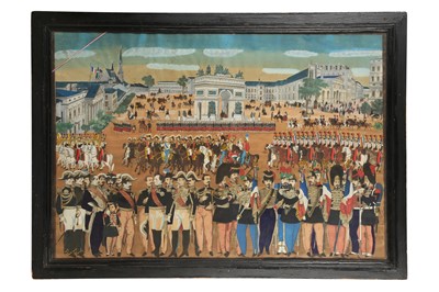 Lot 529 - A DECOUPAGE PANEL OF A FRENCH MILITARY PARADE