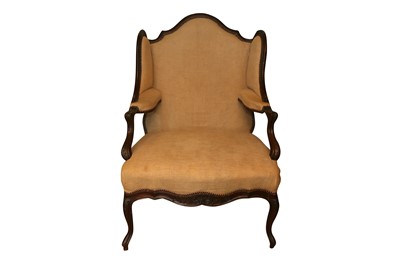 Lot 397 - A FRENCH LOUIS XV STYLE WALNUT WINGBACK ARMCHAIR, 19TH CENTURY