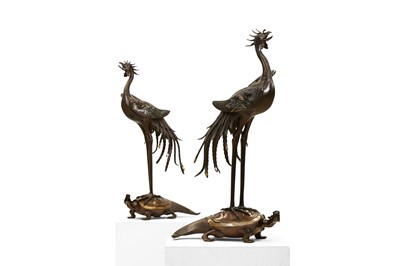 Lot 1010 - A PAIR OF LARGE JAPANESE BRONZE 'HŌŌ AND KAME' OKIMONO BY MUROE KICHIBEI (1841 – 1903)