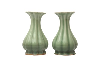 Lot 848 - A PAIR OF CHINESE CELADON-GLAZED LOBED VASES