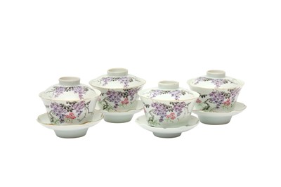 Lot 795 - A SET OF FOUR CHINESE FAMILLE-ROSE 'WISTERIA' CUPS, COVERS AND STANDS