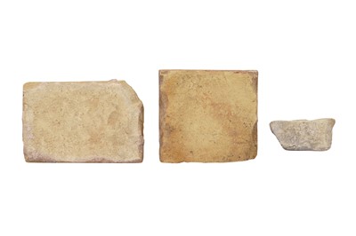 Lot 283 - THREE FRAGMENTS OF SAFAVID CUERDA SECA POTTERY TILES WITH FLYING GEESE