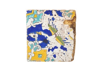 Lot 283 - THREE FRAGMENTS OF SAFAVID CUERDA SECA POTTERY TILES WITH FLYING GEESE