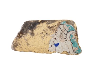 Lot 283 - THREE FRAGMENTS OF SAFAVID CUERDA SECA POTTERY TILES WITH FLYING GEESE
