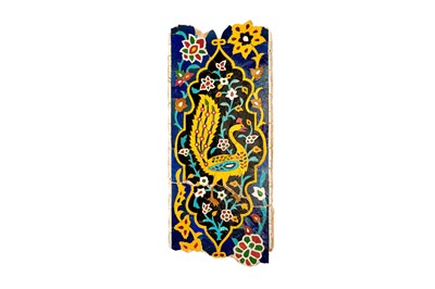 Lot 284 - A TALL SAFAVID POTTERY TILE MOSAIC WITH A YELLOW PEACOCK
