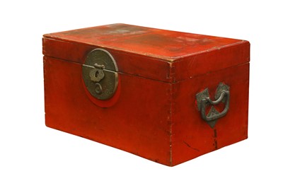 Lot 301 - A SMALL CHINESE WOOD RED-PAINTED BOX