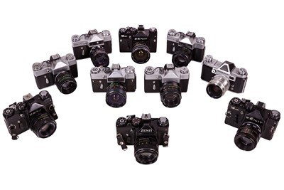 Lot 1132 - Ten Zenit & Other SLR Cameras, inc Helios Lenses.