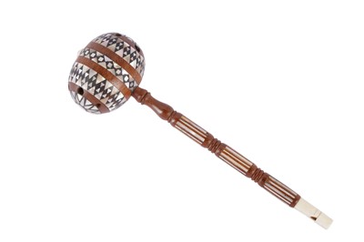 Lot 430 - A MOTHER-OF-PEARL, STAINED WOOD, AND BONE-INLAID RATTLE