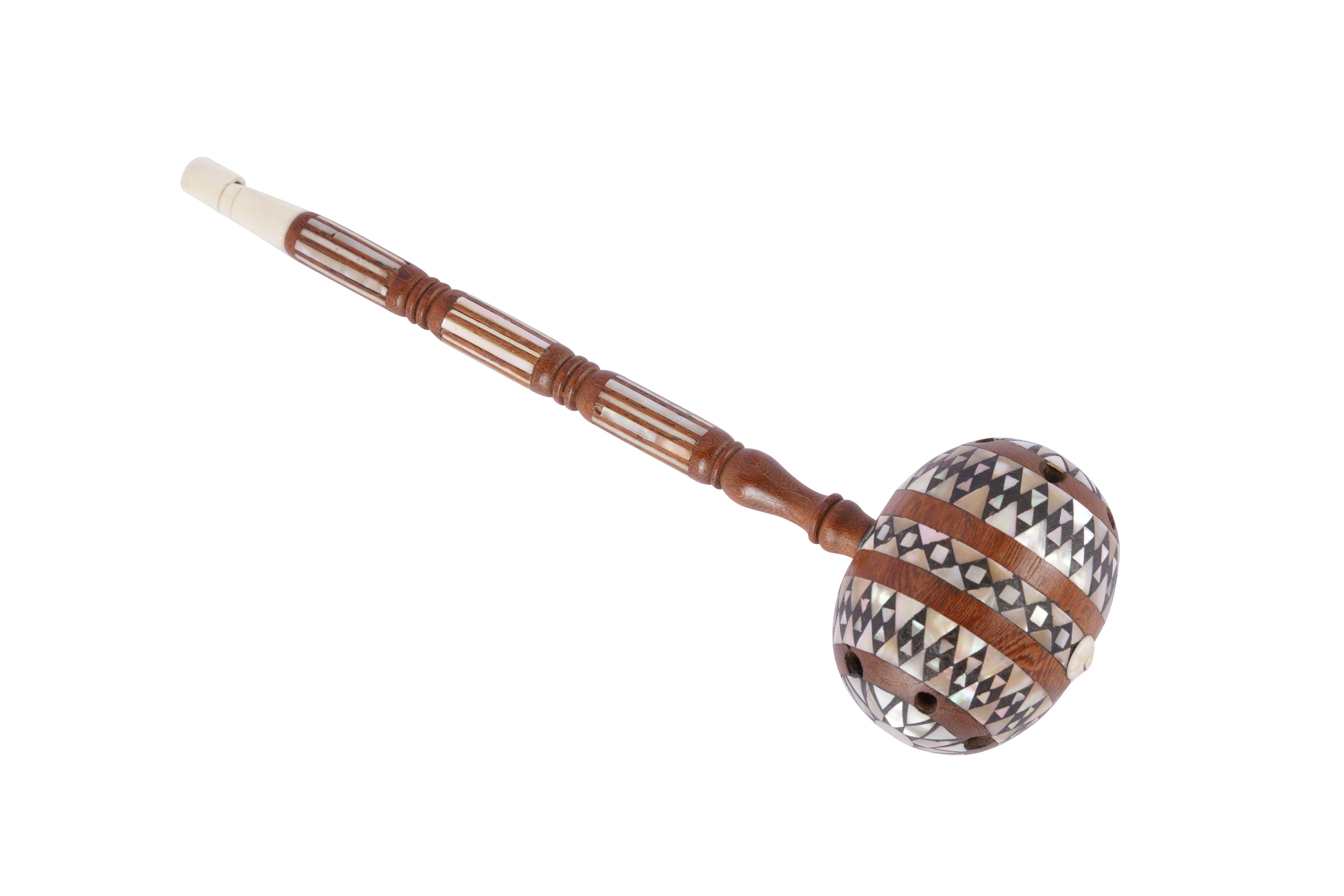 Dragon Bone Rattle Lot 430 - A MOTHER-OF-PEARL, STAINED WOOD, AND