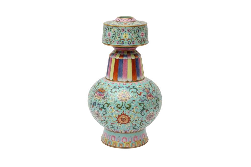 Lot 160 - A CHINESE FAMILLE-ROSE TIBETAN-STYLE 'BUMPA' VASE