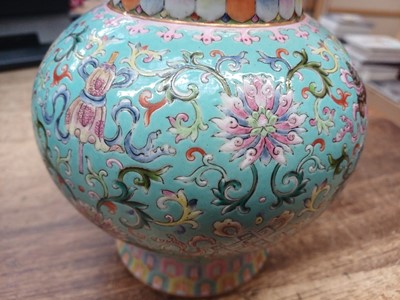 Lot 160 - A CHINESE FAMILLE-ROSE TIBETAN-STYLE 'BUMPA' VASE