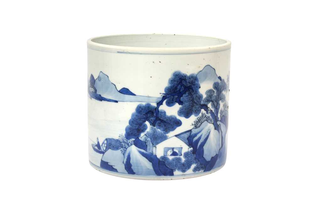 Lot 526 - A CHINESE BLUE AND WHITE 'LANDSCAPE' BRUSH POT, BITONG