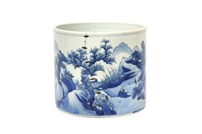 Lot 526 - A CHINESE BLUE AND WHITE 'LANDSCAPE' BRUSH POT, BITONG