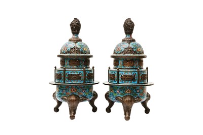 Lot 599 - A PAIR OF LARGE CHINESE CLOISONNÉ TRIPOD CENSERS AND COVERS