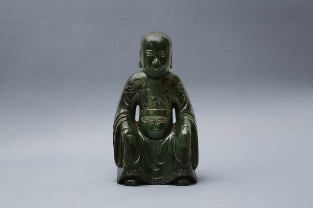 Lot 184 - A CHINESE SPINACH-GREEN JADE FIGURE OF AN IMMORTAL