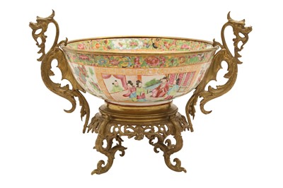 Lot 197 - A CHINESE CANTON FAMILLE-ROSE BOWL IN A GILT-METAL MOUNT