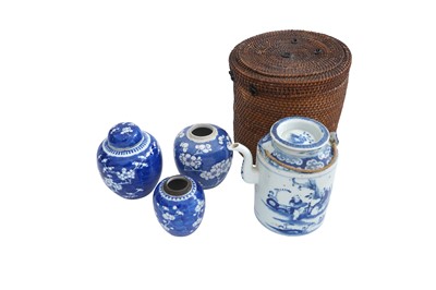 Lot 584 - THREE CHINESE BLUE AND WHITE JARS AND A TEAPOT