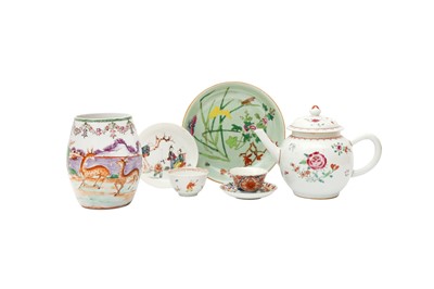 Lot 777 - FIVE CHINESE FAMILLE-ROSE PIECES AND AN IMARI CUP AND SAUCER