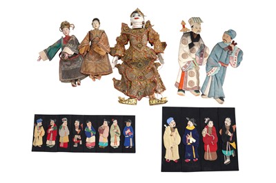 Lot 296 - THREE PUPPETS AND A GROUP OF SILK FIGURES