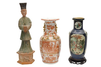 Lot 315 - TWO CHINESE VASES AND A LARGE POTTERY FIGURE