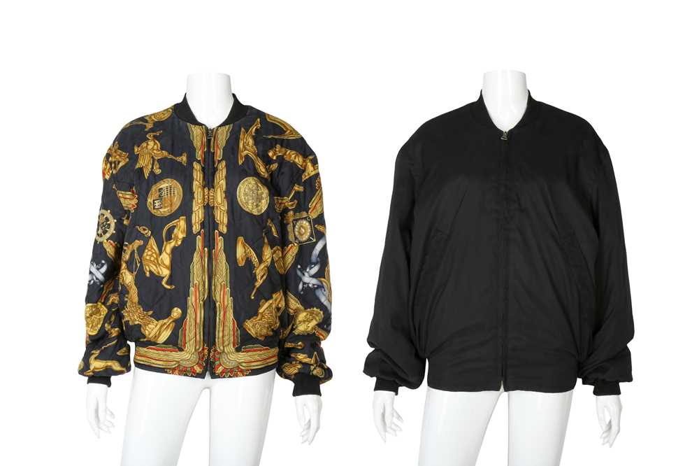 Lot 440 - Hermes Black Silk Print Reversible Bomber Jacket - Size 46