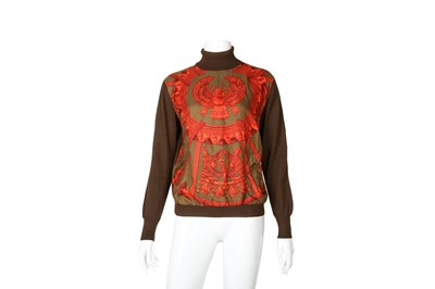 Lot 246 - Hermes Brown Wool Knit Silk Panel Twin Set -  Size 44