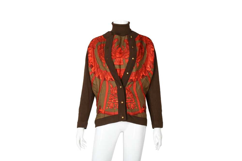 Lot 246 - Hermes Brown Wool Knit Silk Panel Twin Set -  Size 44