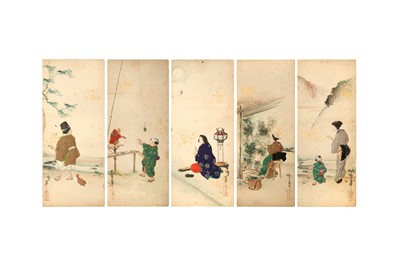 Lot 1049 - A SET OF FIVE JAPANESE OSHI-E PICTURES SIGNED YUKIHANA