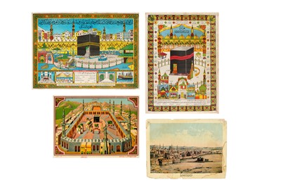 Lot 390 - THREE CHROMOLITHOGRAPHED HAJJ CERTIFICATES AND A LANDSCAPE VIEW OF MECCA