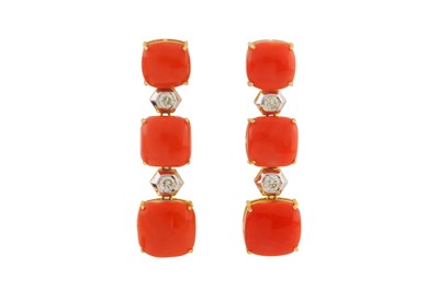 Lot 167 - A PAIR OF CORAL AND DIAMOND DROP EARRINGS