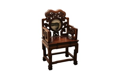 Lot 25 - A CHINESE HONGMU HARDWOOD CARVED 'RUYI CLOUDS' AND MARBLE-INSET CHAIR