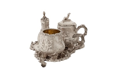 Lot 365 - A Victorian sterling silver three-piece cruet set on stand, London 1883 by William Leuchars