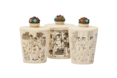 Lot 933 - THREE CHINESE BONE 'EROTIC' SNUFF BOTTLES