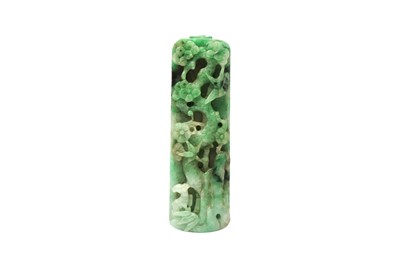 Lot 947 - A CHINESE APPLE-GREEN JADE 'THREE FRIENDS OF WINTER PAPERWEIGHT