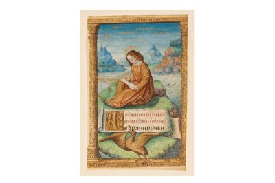 Lot 35 - Illuminated Mss leaf on vellum. St. John seated on Patmos writing his Gospel. [c. 1460-98]